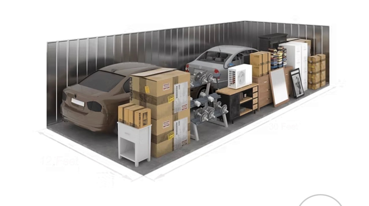 Illustration showing what fits in a 12 by 30 foot storage unit: a car, boxes, furniture, and tools